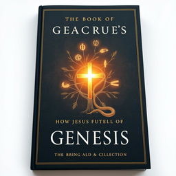 A rigorously designed, nonfiction book cover that explores how Jesus fulfills the Book of Genesis, embodying professional and academic aesthetics without depicting His face