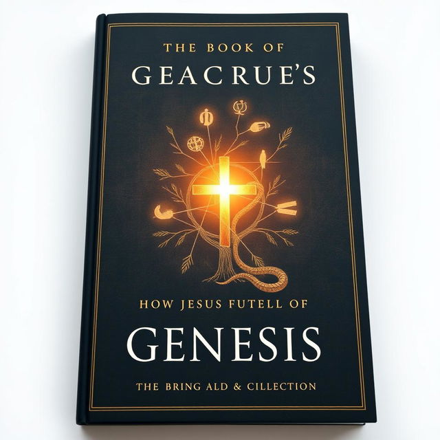 A rigorously designed, nonfiction book cover that explores how Jesus fulfills the Book of Genesis, embodying professional and academic aesthetics without depicting His face