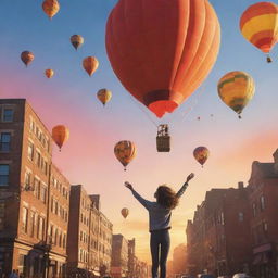 An animated style image of a joyful person in a city with hot air balloons in the sky, a beautiful sunset, and buildings gleaming with unusual light; celebrating newfound fearlessness and joy