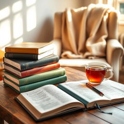 A serene scene featuring a stack of Bibles, each with a different colored cover, placed on a wooden table next to a cup of herbal tea and an open notepad with a pen