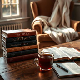 A serene scene featuring a stack of Bibles, each with a different colored cover, placed on a wooden table next to a cup of herbal tea and an open notepad with a pen