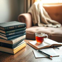 A serene scene featuring a stack of Bibles, each with a different colored cover, placed on a wooden table next to a cup of herbal tea and an open notepad with a pen