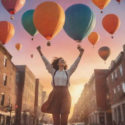 An animated style image of a joyful person in a city with hot air balloons in the sky, a beautiful sunset, and buildings gleaming with unusual light; celebrating newfound fearlessness and joy