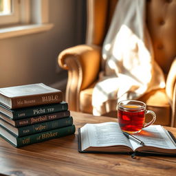 A serene scene featuring a stack of Bibles, each with a different colored cover, placed on a wooden table next to a cup of herbal tea and an open notepad with a pen