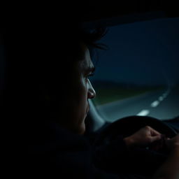 A close-up of a man driving his car on a lonely road at night, capturing the intense focus and solitude on his face