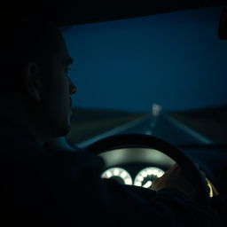 A close-up of a man driving his car on a lonely road at night, capturing the intense focus and solitude on his face