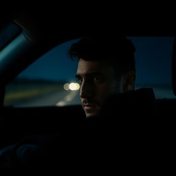 A close-up of a man driving his car on a lonely road at night, capturing the intense focus and solitude on his face