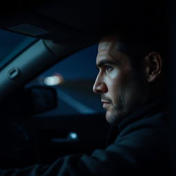 A close-up of a man driving his car on a lonely road at night, capturing the intense focus and solitude on his face