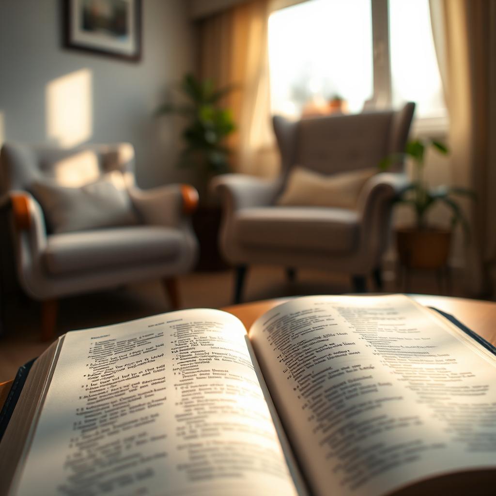 An open Bible surrounded by a warm, calming atmosphere