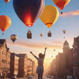 An animated style image of a joyful person in a city with hot air balloons in the sky, a beautiful sunset, and buildings gleaming with unusual light; celebrating newfound fearlessness and joy