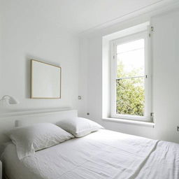 A small, stylish white bedroom with the unique feature of a window positioned directly behind the bed, streaming natural light into the room