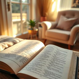 An open Bible surrounded by a warm, calming atmosphere