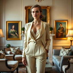 Emma Watson standing in a beautifully decorated room, full body view, showcasing her elegant outfit that subtly highlights her chest