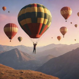 An animated style image of a joyful person in the mountains with hot air balloons in the sky, celebrating newfound fearlessness and joy, under a beautiful sunset