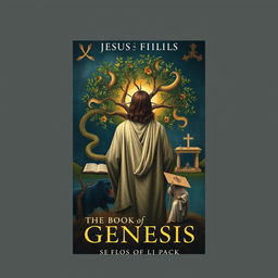 An artful and scholarly nonfiction book cover illustrating Jesus fulfilling the Book of Genesis, created with professional and academic aesthetics, ensuring His face is not shown