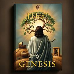 An artful and scholarly nonfiction book cover illustrating Jesus fulfilling the Book of Genesis, created with professional and academic aesthetics, ensuring His face is not shown