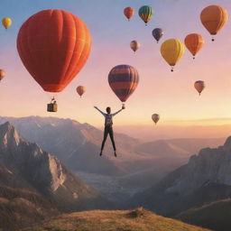 An animated style image of a joyful person in the mountains with hot air balloons in the sky, celebrating newfound fearlessness and joy, under a beautiful sunset