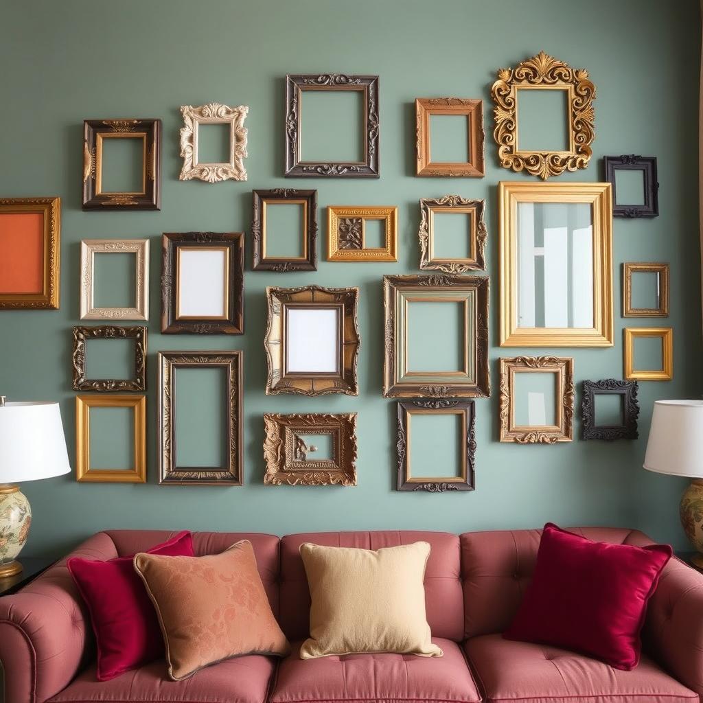 A creatively decorated wall featuring an assortment of artistic frames hanging in a visually appealing arrangement