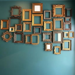 A creatively decorated wall featuring an assortment of artistic frames hanging in a visually appealing arrangement