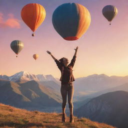 An animated style image of a joyful person in the mountains with hot air balloons in the sky, celebrating newfound fearlessness and joy, under a beautiful sunset