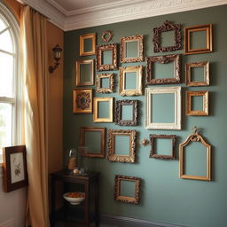 A creatively decorated wall featuring an assortment of artistic frames hanging in a visually appealing arrangement