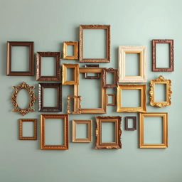 A creatively decorated wall featuring an assortment of artistic frames hanging in a visually appealing arrangement