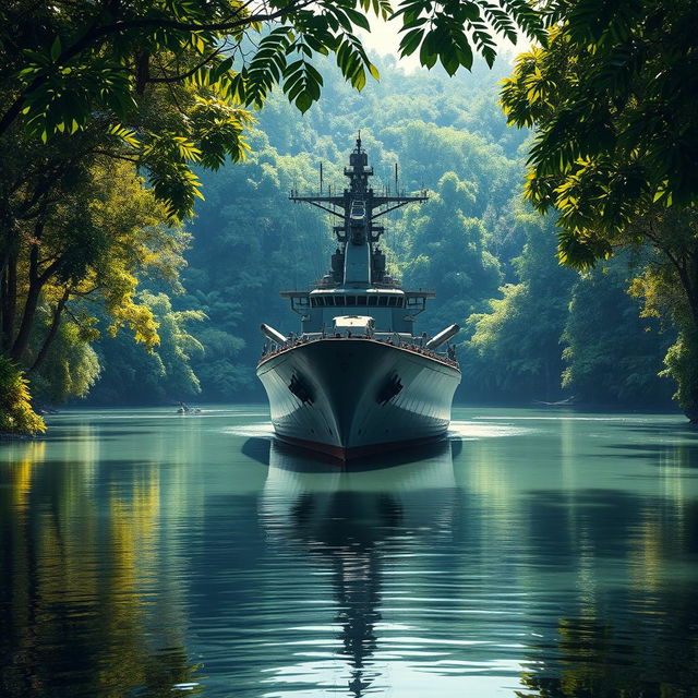 A majestic warship anchored in the middle of a serene river, surrounded by the dense and vibrant foliage of the jungle