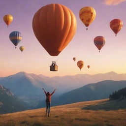 An animated style image of a joyful person in the mountains with hot air balloons in the sky, celebrating newfound fearlessness and joy, under a beautiful sunset