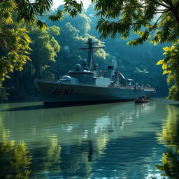 A majestic warship anchored in the middle of a serene river, surrounded by the dense and vibrant foliage of the jungle