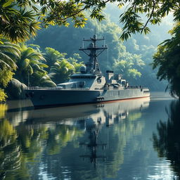 A majestic warship anchored in the middle of a serene river, surrounded by the dense and vibrant foliage of the jungle