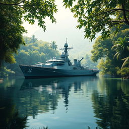 A majestic warship anchored in the middle of a serene river, surrounded by the dense and vibrant foliage of the jungle