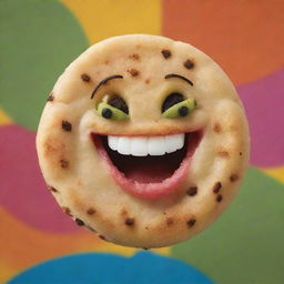 A joyful arepa with a cute, cheerful face, in vibrant, appetizing colors