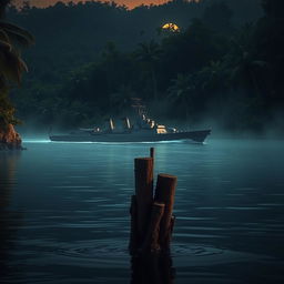 A warship sailing through a dark, mysterious jungle river, partially obscured by the landscape's thick foliage, with an ancient, moss-covered wooden stake emerging from the water in the foreground