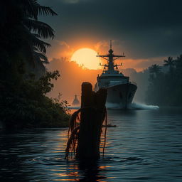 A warship sailing through a dark, mysterious jungle river, partially obscured by the landscape's thick foliage, with an ancient, moss-covered wooden stake emerging from the water in the foreground