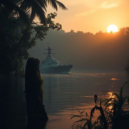 A warship sailing through a dark, mysterious jungle river, partially obscured by the landscape's thick foliage, with an ancient, moss-covered wooden stake emerging from the water in the foreground