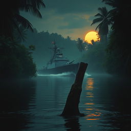 A warship sailing through a dark, mysterious jungle river, partially obscured by the landscape's thick foliage, with an ancient, moss-covered wooden stake emerging from the water in the foreground