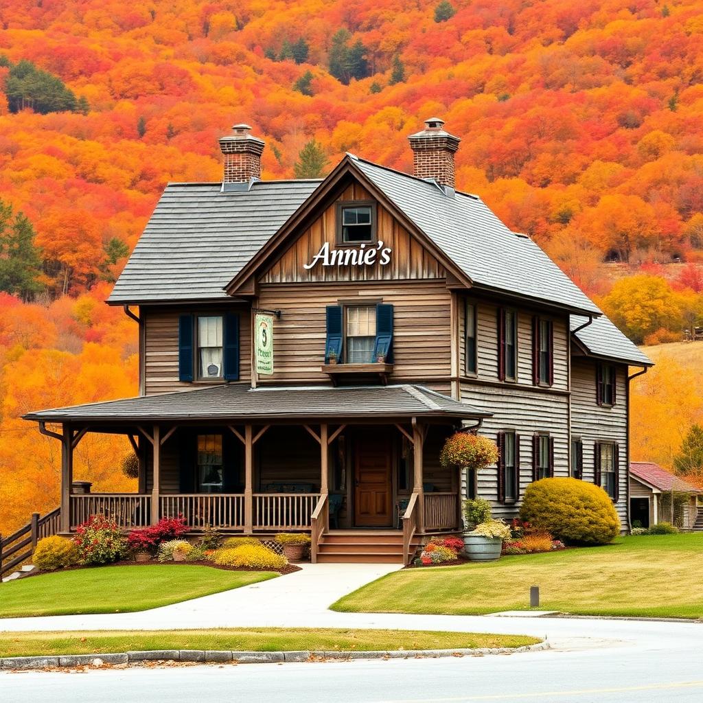 A picturesque two-story Vermont farmhouse during autumn, featuring a charming and rustic design