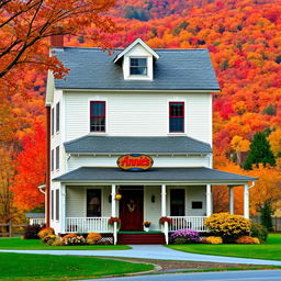 A picturesque two-story Vermont farmhouse during autumn, featuring a charming and rustic design