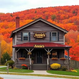 A picturesque two-story Vermont farmhouse during autumn, featuring a charming and rustic design