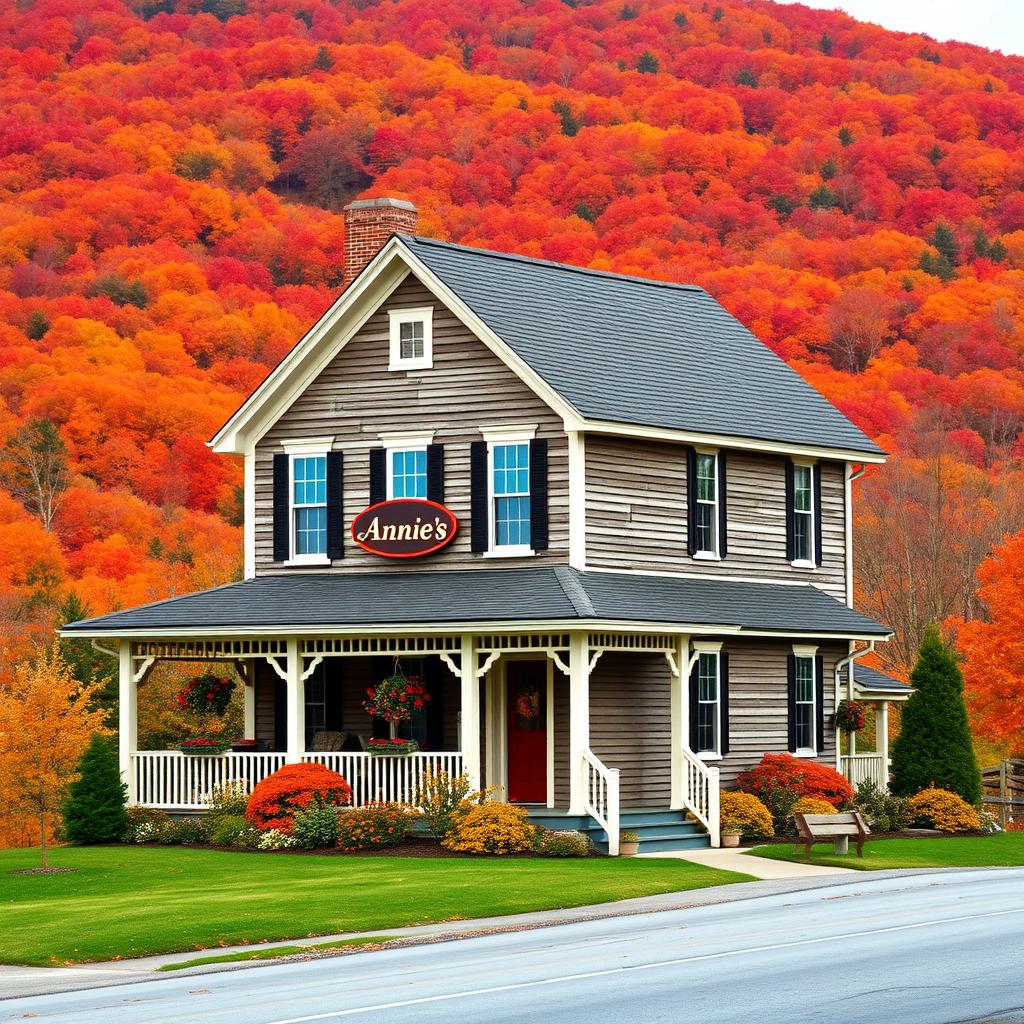 A picturesque two-story Vermont farmhouse during autumn, featuring a charming and rustic design