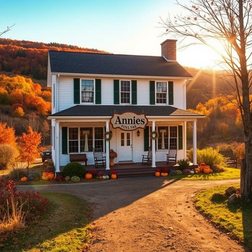 Two-story Vermont farmhouse in autumn, featuring a charming vintage hanging sign reading "Annie's" at the front