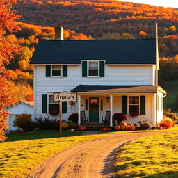 Two-story Vermont farmhouse in autumn, featuring a charming vintage hanging sign reading "Annie's" at the front