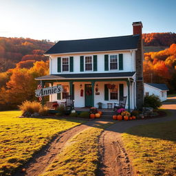 Two-story Vermont farmhouse in autumn, featuring a charming vintage hanging sign reading "Annie's" at the front