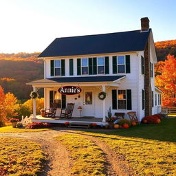 Two-story Vermont farmhouse in autumn, featuring a charming vintage hanging sign reading "Annie's" at the front