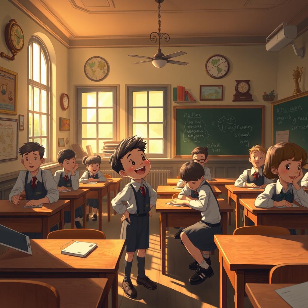 An enchanting illustration capturing 'Si Tellet' during his school days in the past era