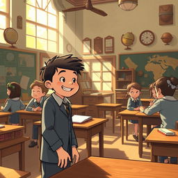 An enchanting illustration capturing 'Si Tellet' during his school days in the past era