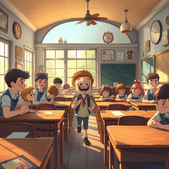 An enchanting illustration capturing 'Si Tellet' during his school days in the past era