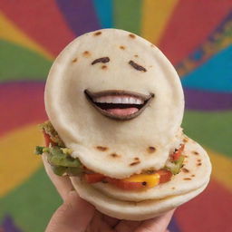 A joyful arepa with a cute, cheerful face, in vibrant, appetizing colors