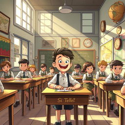 An enchanting illustration capturing 'Si Tellet' during his school days in the past era