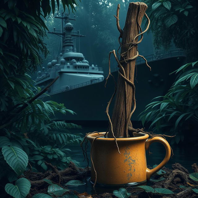 A warship navigating through a dense, dark jungle, where its features are partially hidden by the thick foliage